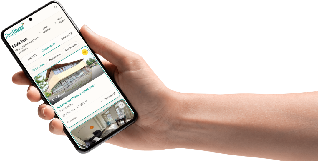 RentBuzz-app met matches voor huurwoningen op een smartphone